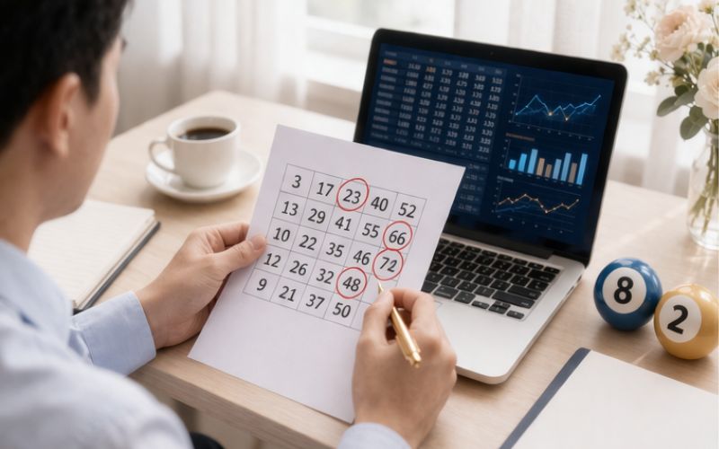 Người chơi phân tích bảng số lô đề trên máy tính với các con số nổi bật
